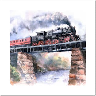 Watercolor Locomotive on a Bridge Posters and Art